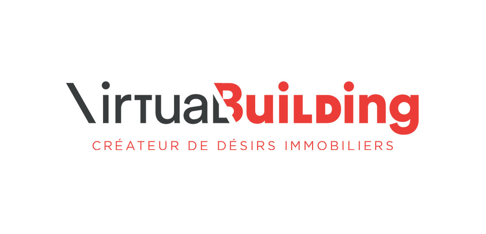 Logo rouge et gris sur fond blanc studio 3D lyon VirtualBuilding
