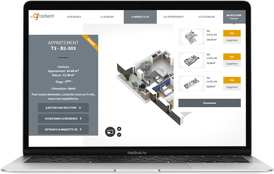panier selection appartement vefa data client Maquette 3D logement et moteur de recherche