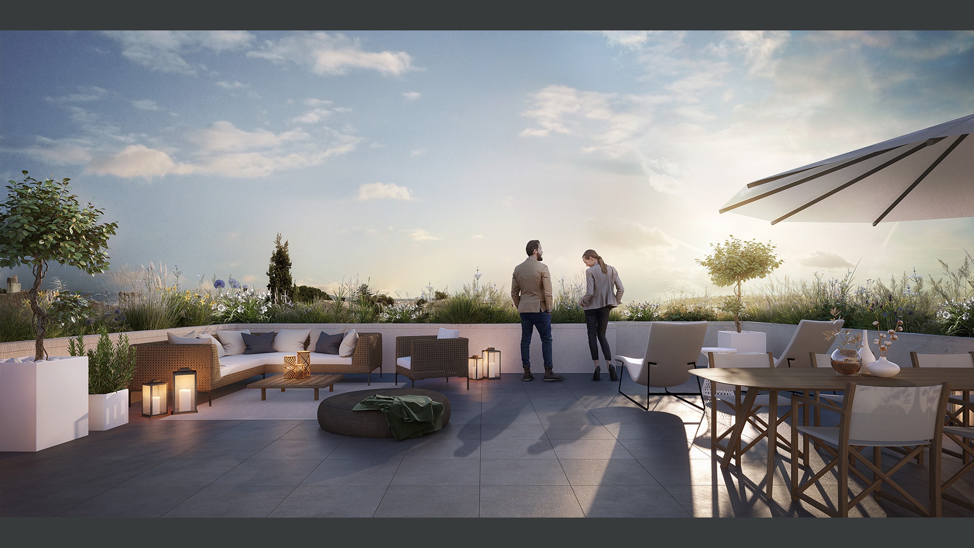 Perspective 3D extérieure couple profitant de sa terrasse en fin de journée promotion immobilière programme Le Bouscat
