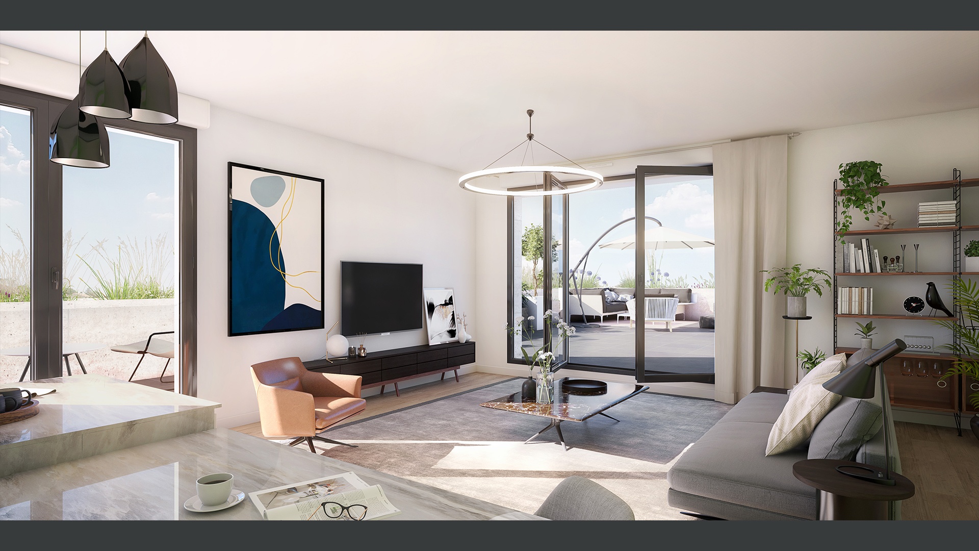 Perspective 3D intérieure salon moderne promotion immobilière programme Le Bouscat