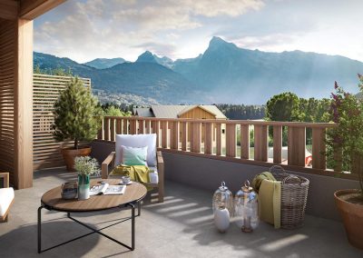 Perspective 3D terrasse couverte à la montagne