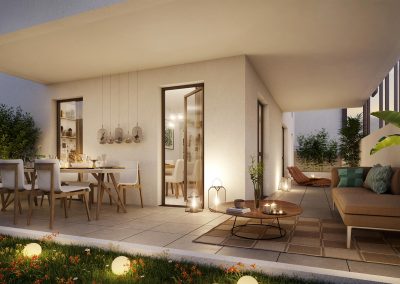 Perspective 3D terrasse à la tombée de la nuit