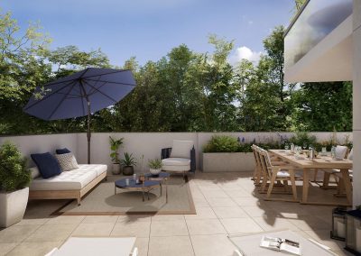 Perspective 3D terrasse en journée bleu et ambiance naturelle