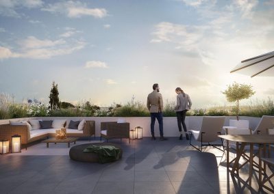 Perspective 3D extérieure couple profitant du balcon en fin de journée promotion immobilière programme Le Bouscat