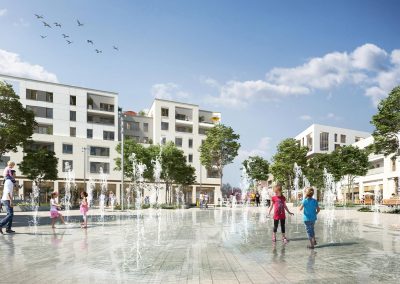 Perspective 3D extérieure quartier plan d'eau ou des enfants et des adultes jouent