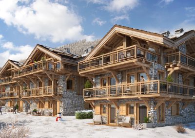 Perspective 3D extérieure chalet en pierre et bois à la montagne