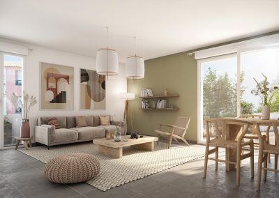 Perspective 3D intérieure appartement à la décoration naturelle et aux matériaux biosourcés