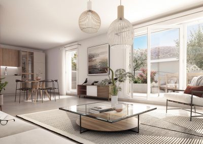 Perspective 3D intérieure pièce à vivre cuisine et salon à la décoration rouge et marron