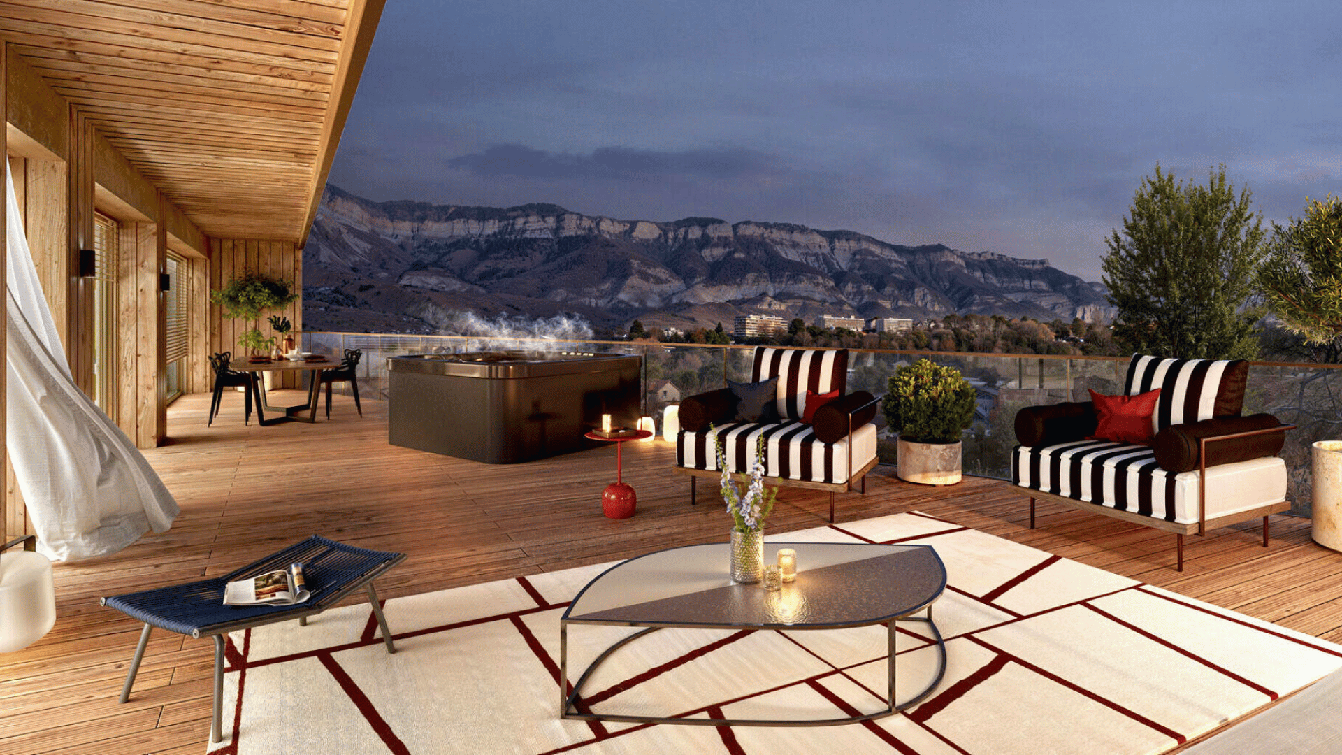 Perspective 3D terrasse : visualisation réaliste d’un espace extérieur en VEFA Perspective 3D d’une terrasse aménagée dans un programme immobilier neuf