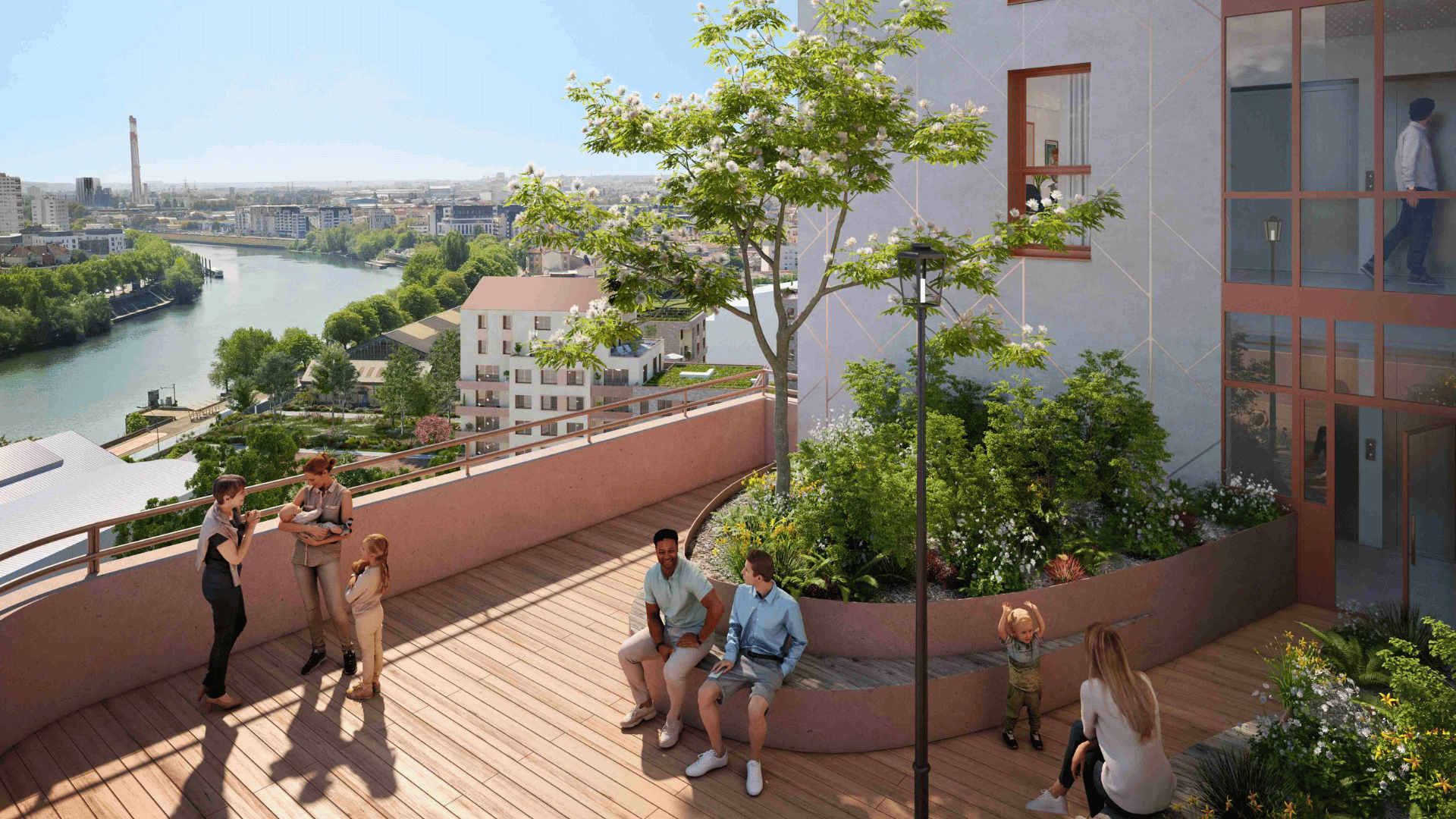 Perspective 3D terrasse : visualisation réaliste d’un espace extérieur en VEFA Perspective 3D d’une terrasse aménagée dans un programme immobilier neuf
