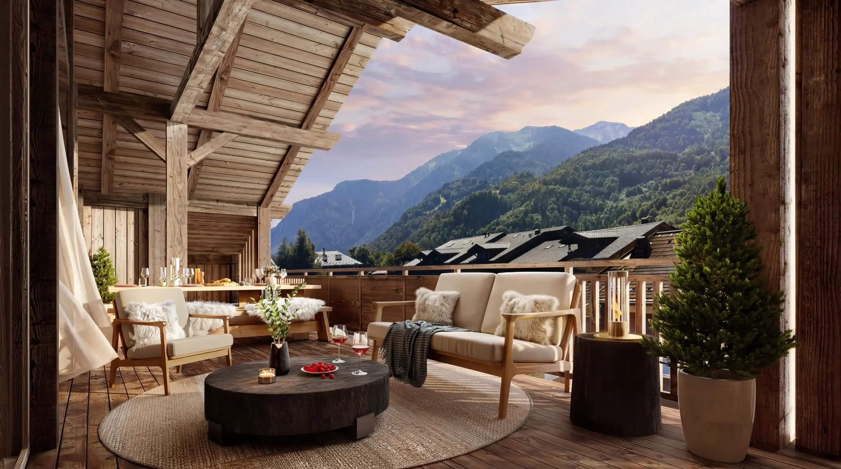 Perspective 3D d'un balcon de chalet de prestige avec vue sur massif alpin au coucher du soleil, mobilier bois, plaid et verre de rosé – Alpésia, L&L Promotion