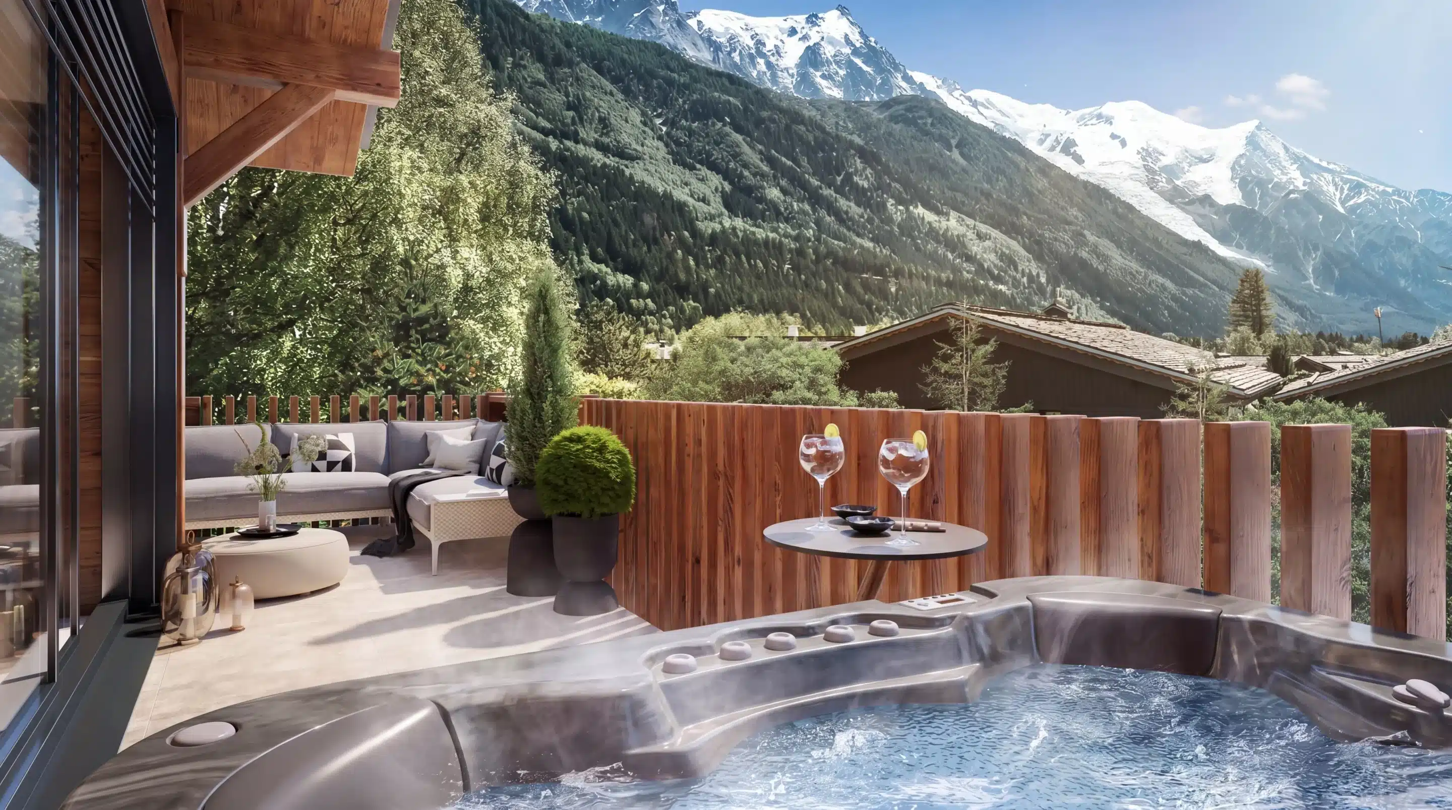 Perspective 3D d'une terrasse de prestige avec jacuzzi privatif et vue sur le massif du Mont-Blanc enneigé – Chamonix, FB Group