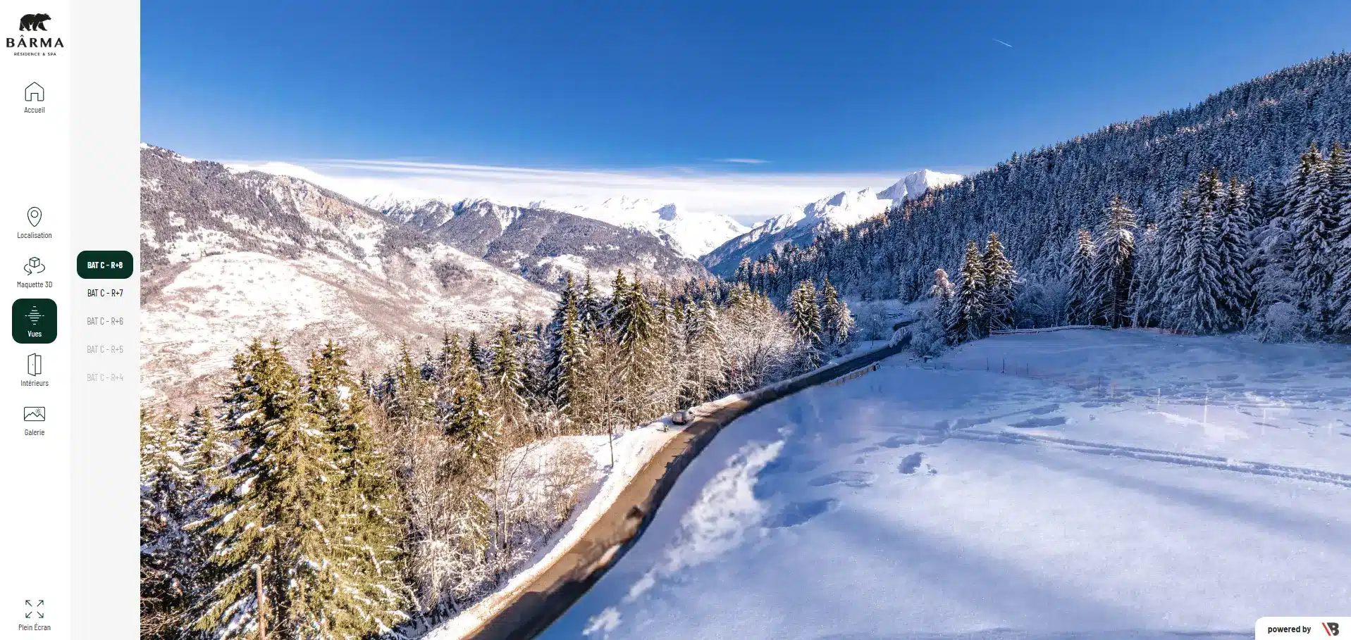 Interface altimétrie vue réelle du programme Bârma Résidence & Spa : panorama alpin enneigé depuis le dernier étage, sélection par bâtiment et niveau – Giboire
