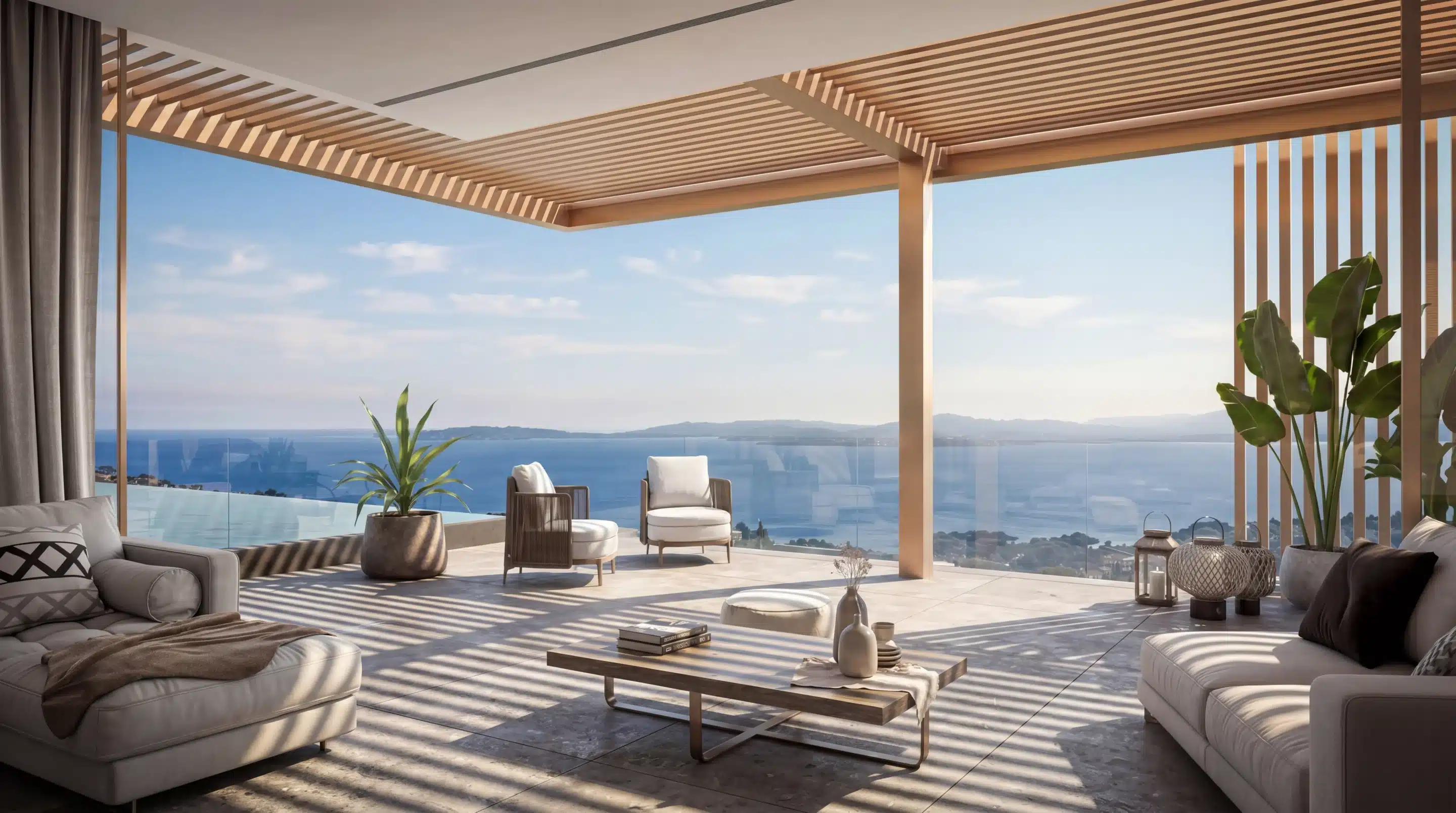 Perspective 3D d'une terrasse pergola bois avec vue panoramique sur la baie et les îles, ombres striées et mobilier outdoor – Demeure Akoya, FB Group