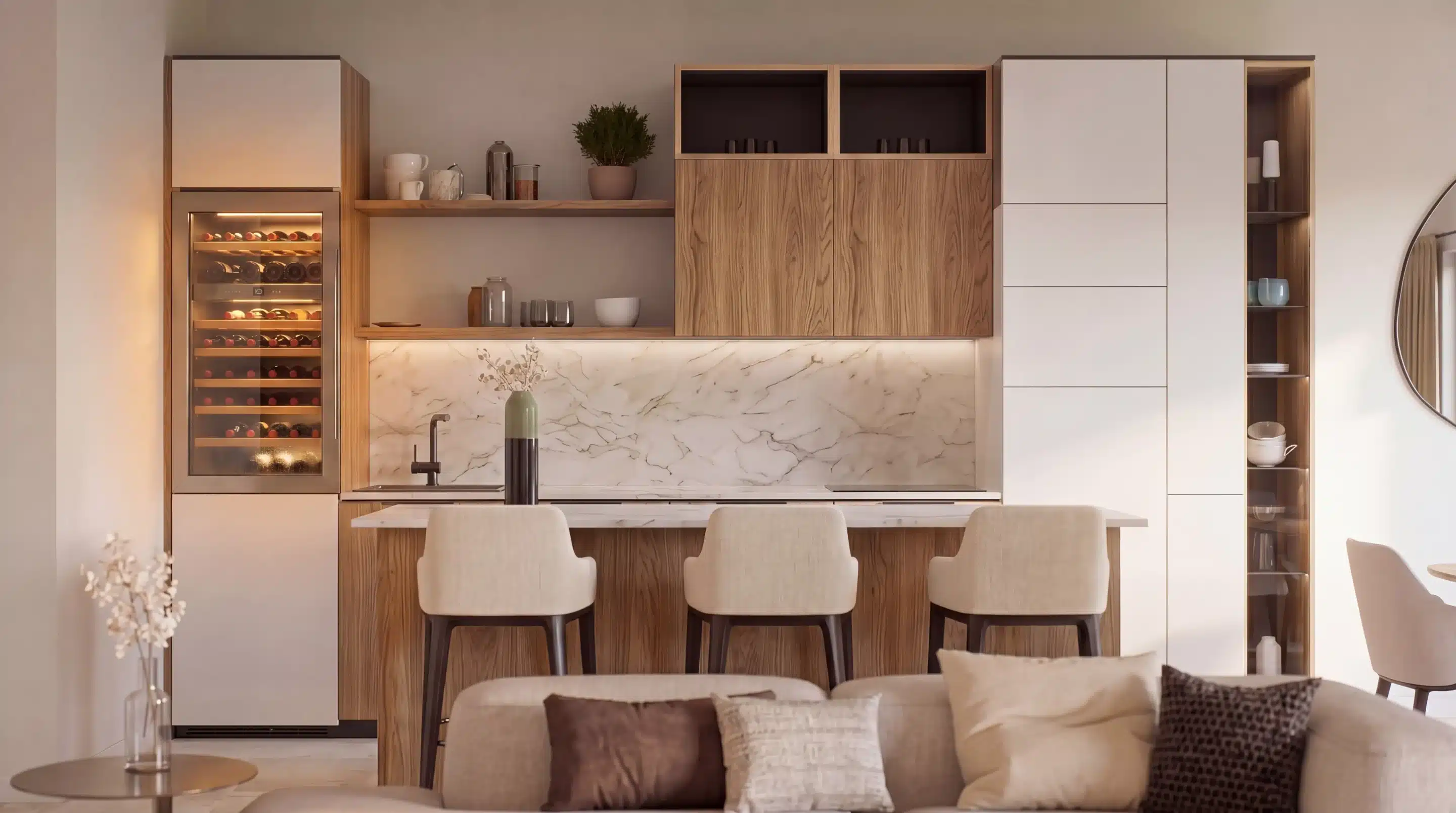 Détail perspective 3D cuisine haut de gamme avec cave à vins intégrée rétroéclairée et crédence marbre – Domaine Akoya, FB Group