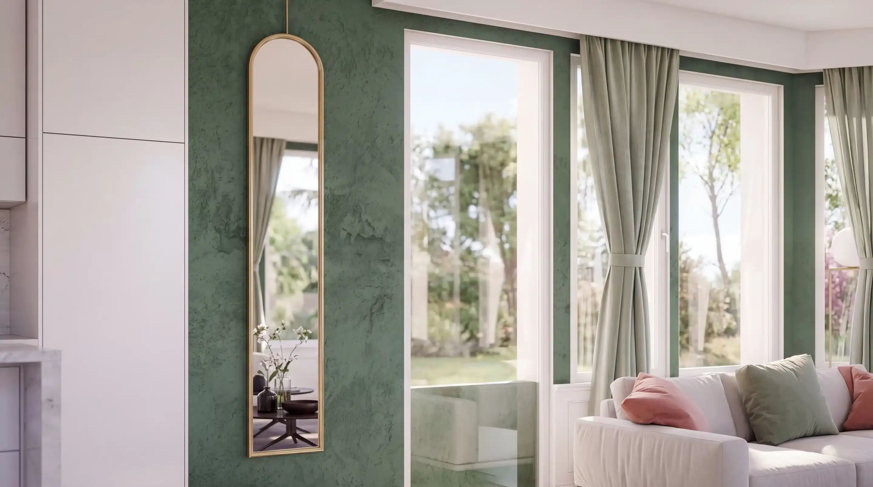 Perspective 3D intérieure avec miroir arche laiton sur enduit vert et baie vitrée ouverte sur jardin – Domaine Villegia, FB Group