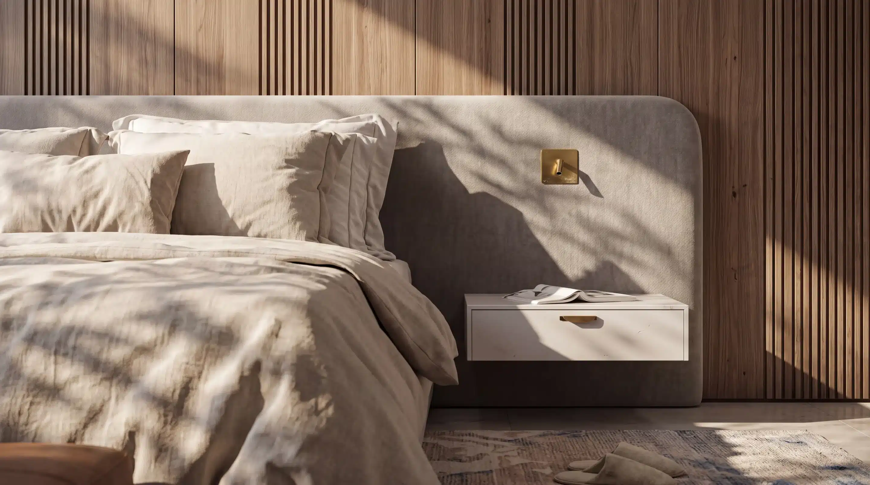 Détail perspective 3D tête de lit tapissée avec liseuse laiton et bardage bois cannelé, ombres portées de végétation – Villa The 8, LEDA Promotion