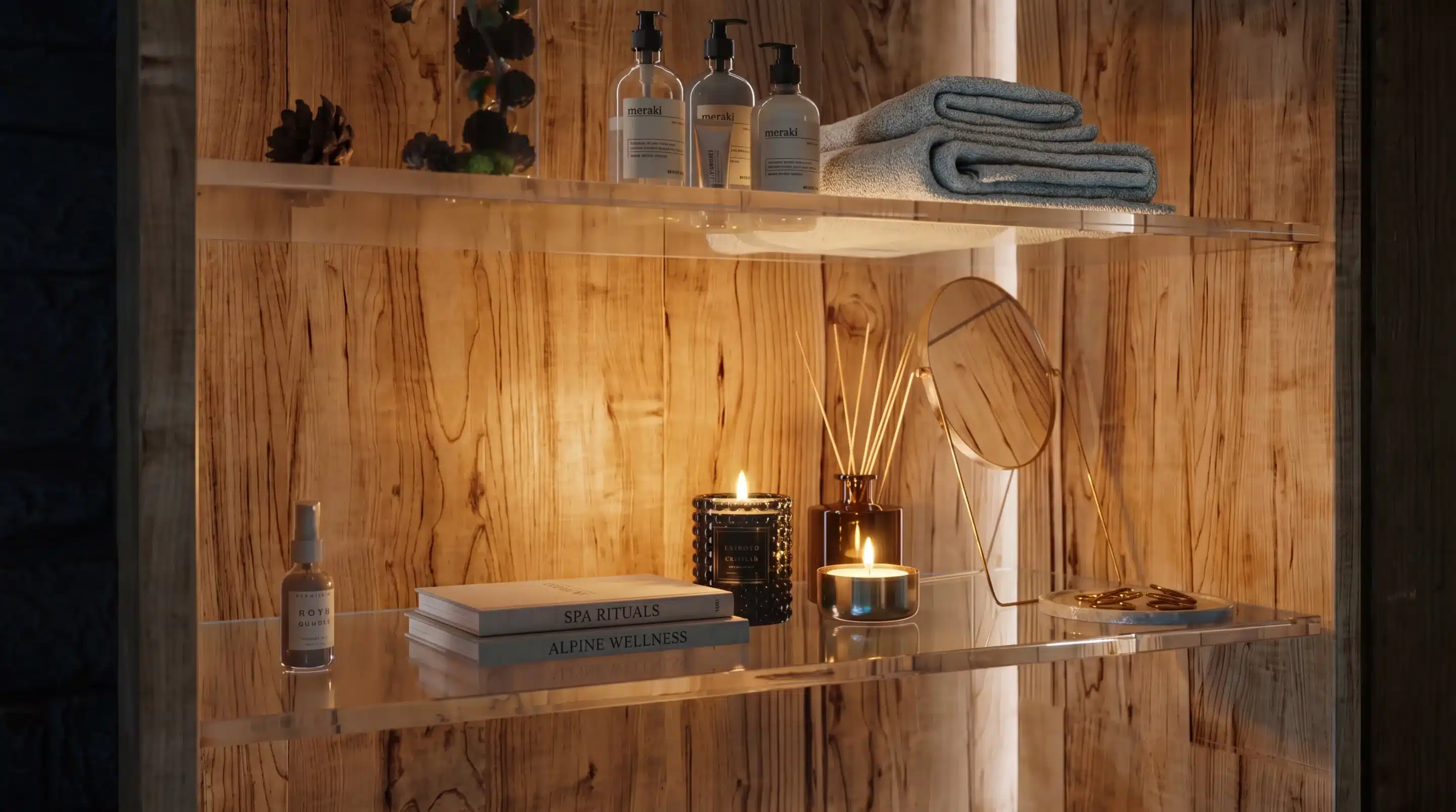 Détail perspective 3D d'une étagère wellness en chalet de luxe avec bois brûlé, bougies, diffuseur et livres Alpine Wellness