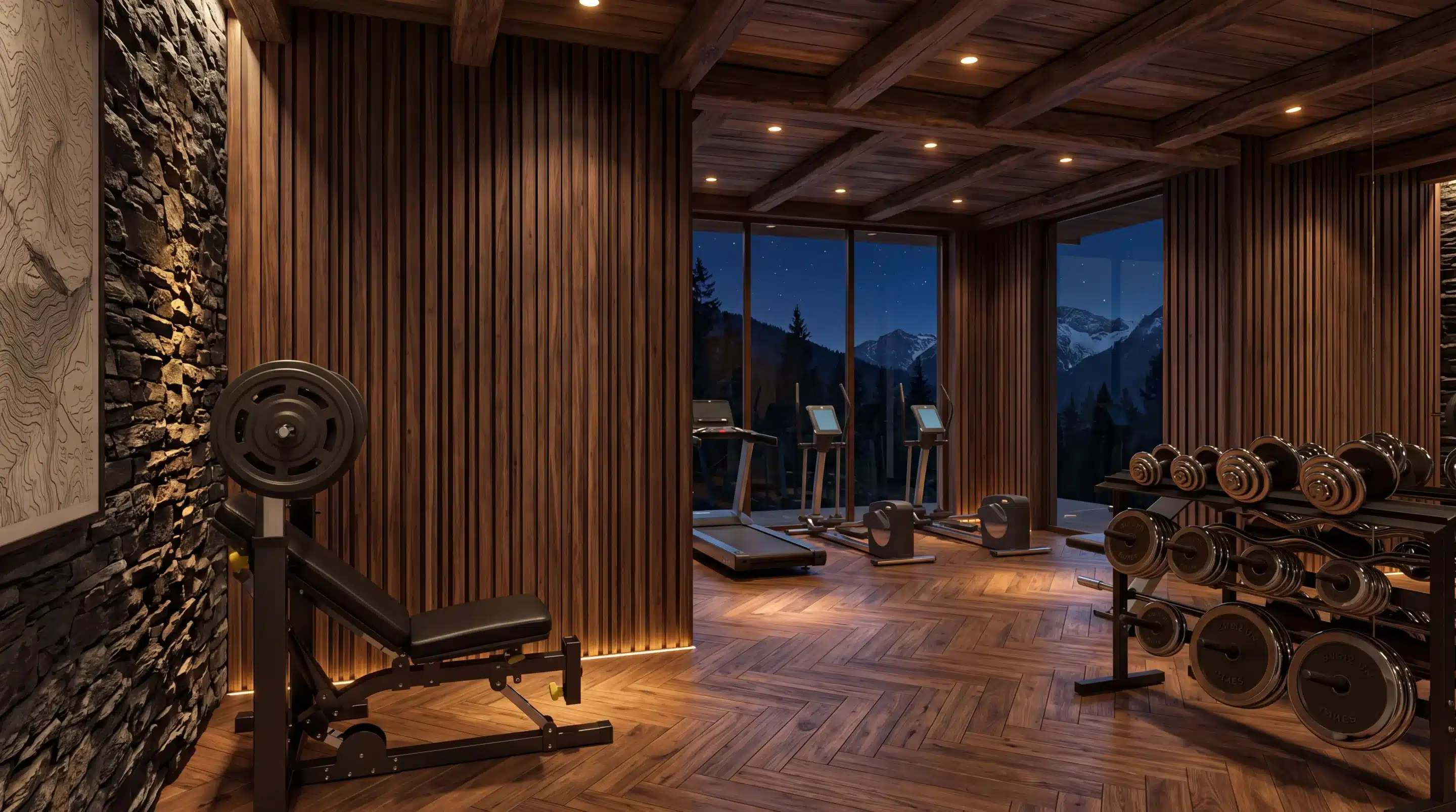 Perspective 3D intérieure d'un fitness room de chalet de luxe avec vue nocturne sur sommets enneigés, bois massif et pierre apparente