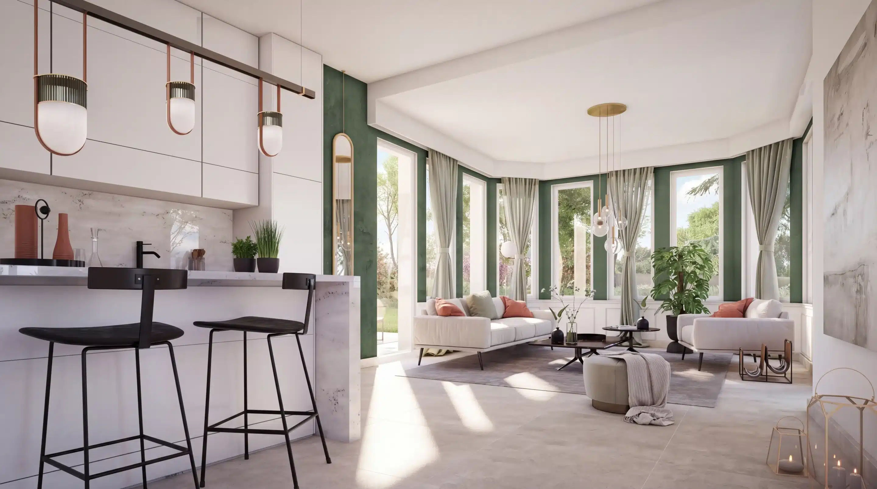 Perspective 3D intérieure d'un salon de prestige avec enduit vert sauge, détails laiton et grandes baies vitrées – Domaine Villegia, FB Group