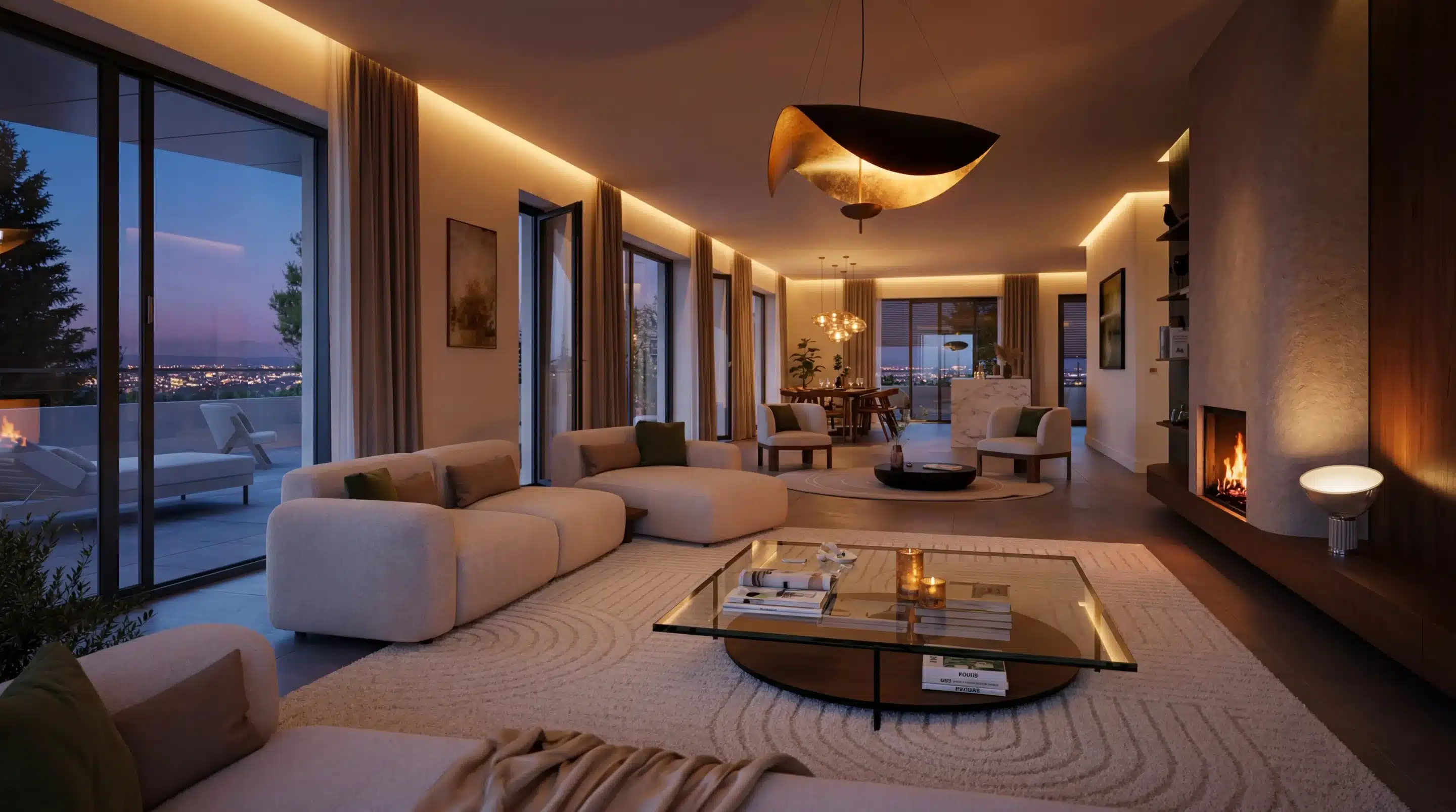 Perspective 3D intérieure d'un grand séjour de prestige au crépuscule avec vue panoramique sur ville illuminée, cheminée et lustre sculptural – Les Nouveaux Thermes, Bouygues Immobilier