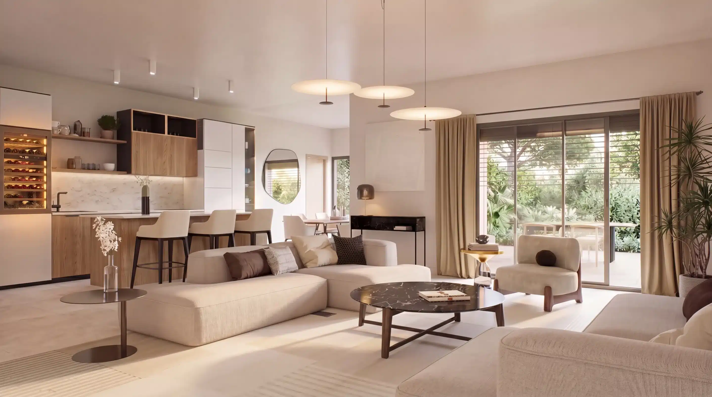 Perspective 3D intérieure d'un grand séjour lumineux avec cuisine ouverte, cave à vins et vue sur jardin – Domaine Akoya, FB Group