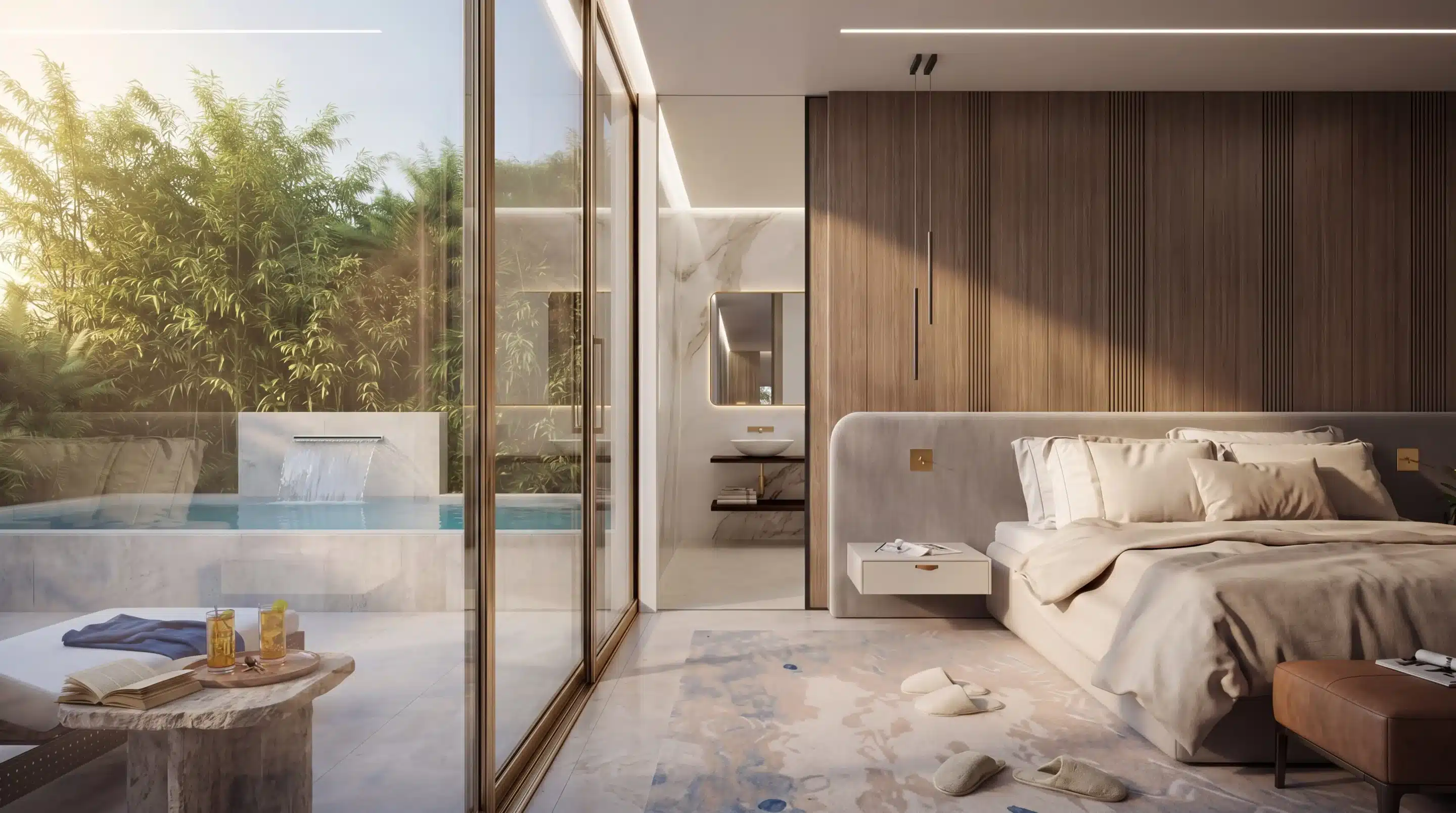 Perspective 3D d'une suite parentale de prestige ouverte sur piscine à débordement avec lame d'eau, sol terrazzo et bardage bois – Villa The 8, LEDA Promotion