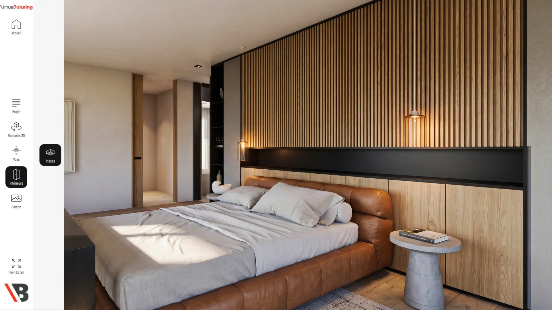 Interface visite virtuelle 3D d'une chambre de villa de prestige avec bardage bois cannelé, tête de lit intégrée et menu de navigation par pièces affiché