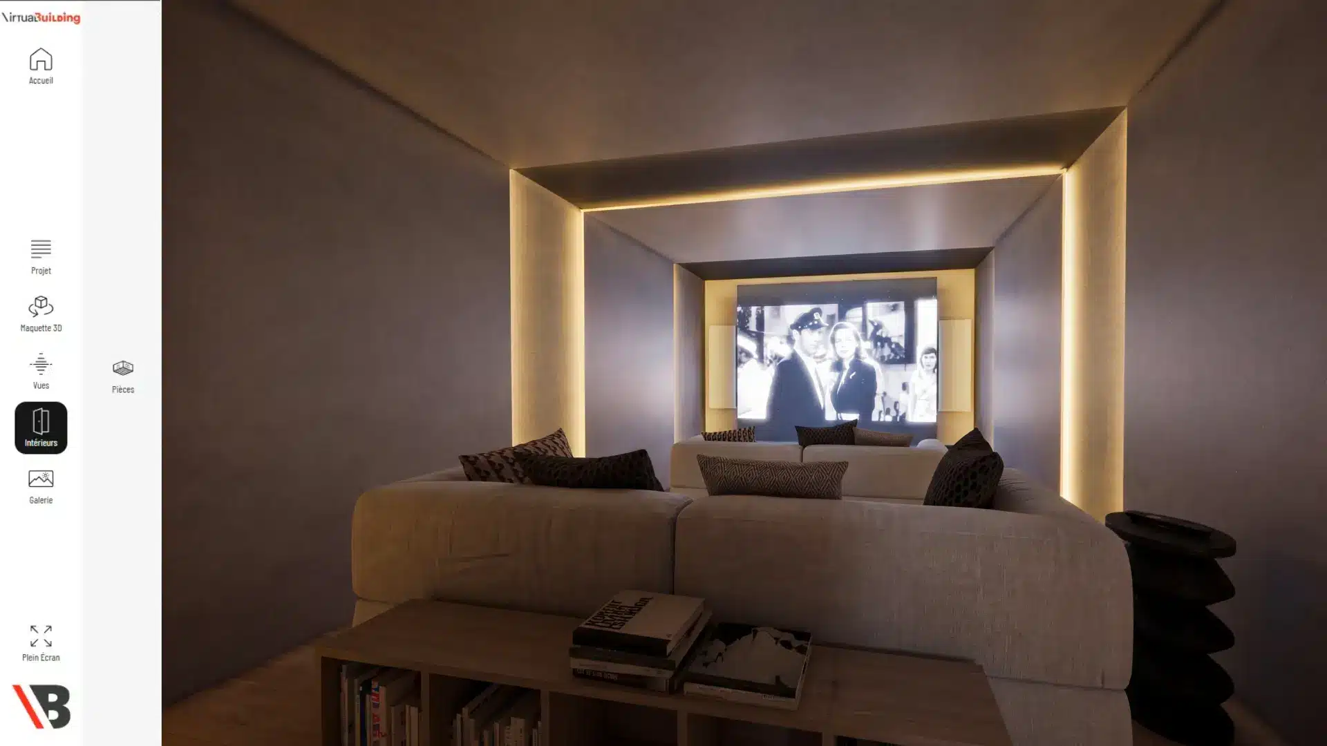 Interface visite virtuelle 3D d'un cinéma privatif de villa de prestige avec éclairage indirect doré en caisson, écran de projection et canapé en arc de cercle