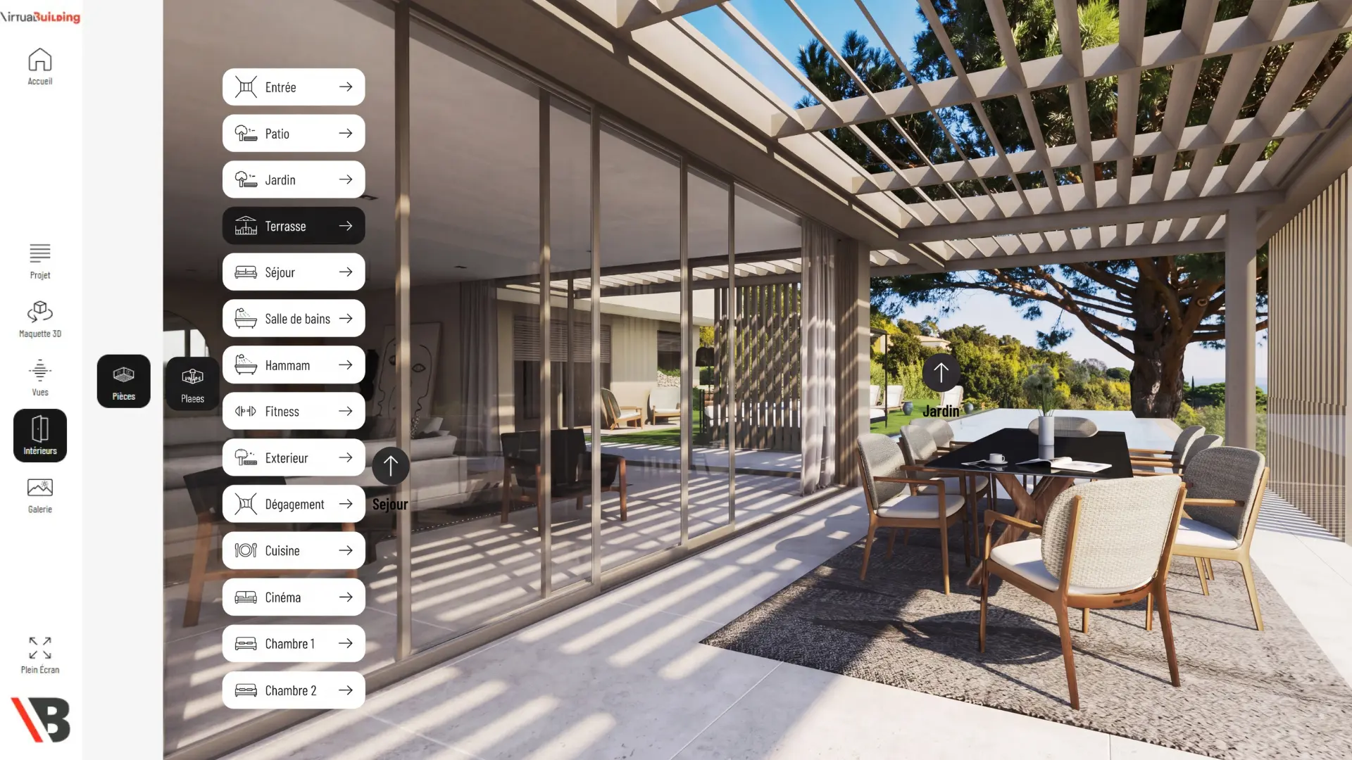 Interface visite virtuelle 3D avec menu de navigation affichant 13 espaces d'une villa de prestige — terrasse, hammam, cinéma, fitness — et vue sur terrasse pergola et jardin mer
