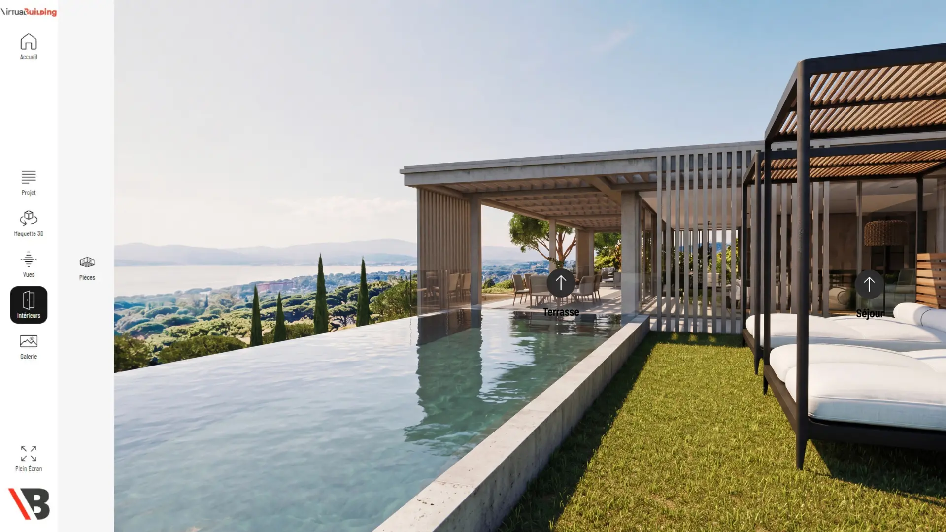 Interface visite virtuelle 3D d'une piscine à débordement avec vue panoramique sur la mer, pergola bois et hotspots de navigation vers terrasse et séjour – villa de prestige