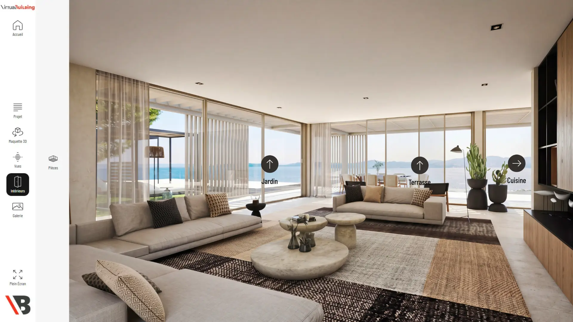 Interface visite virtuelle 3D d'un séjour de villa de prestige avec baies vitrées panoramiques sur la mer et hotspots de navigation vers jardin, terrasse et cuisine