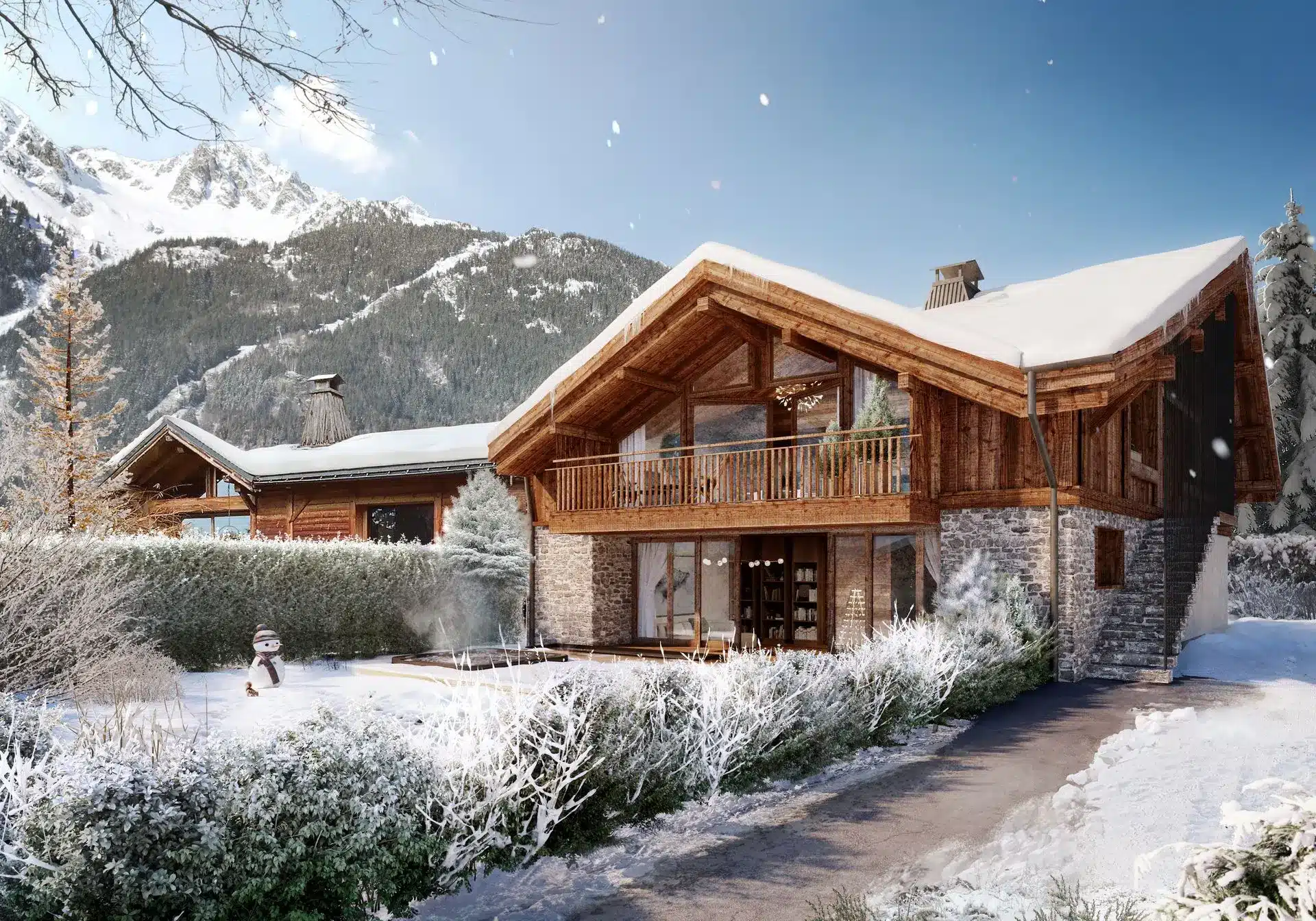 Visite virtuelle 3D chalet montagne — séjour avec cheminée et vue sur jardin programme L'Adret Cristal, FB GROUP