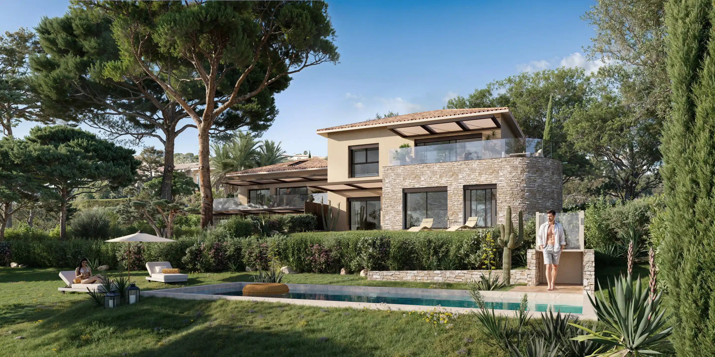 Visite virtuelle 3D extérieure programme immobilier neuf — cœur d'îlot paysagé avec espaces verts et cheminements piétons, QUANTA HARMONIA
