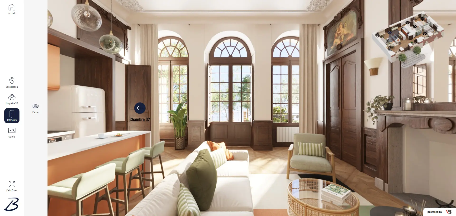 Visite virtuelle 3D d'un bien réhabilité — appartement haussmannien avec moulures et hauteur sous plafond exceptionnelle
