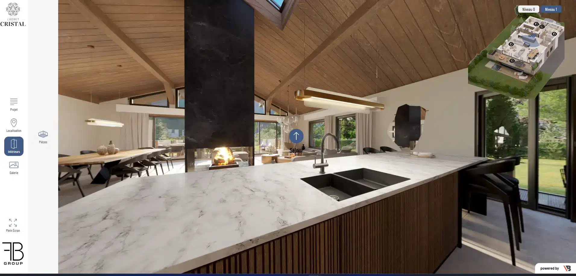 Visite virtuelle 3D chalet montagne — séjour avec cheminée et vue sur jardin programme L'Adret Cristal, FB GROUP