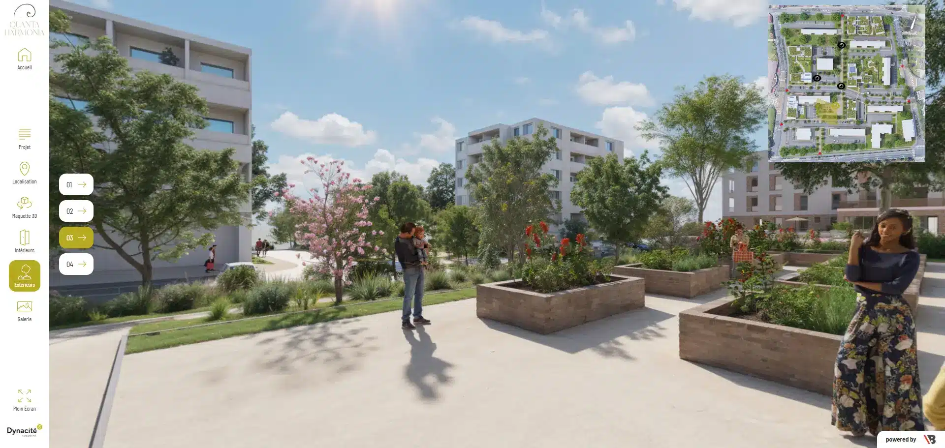 Visite virtuelle 3D extérieure programme immobilier neuf — cœur d'îlot paysagé avec espaces verts et cheminements piétons, QUANTA HARMONIA
