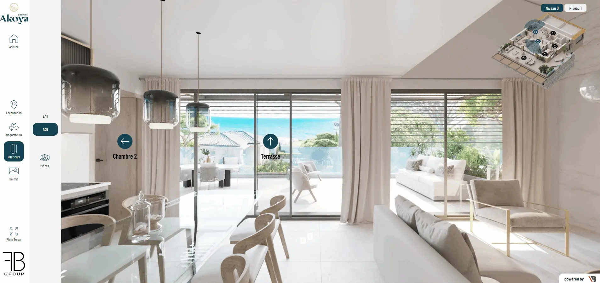 Visite virtuelle 3D villa bord de mer — séjour avec vue mer programme de prestige Domaine Akoya, FB GROUP