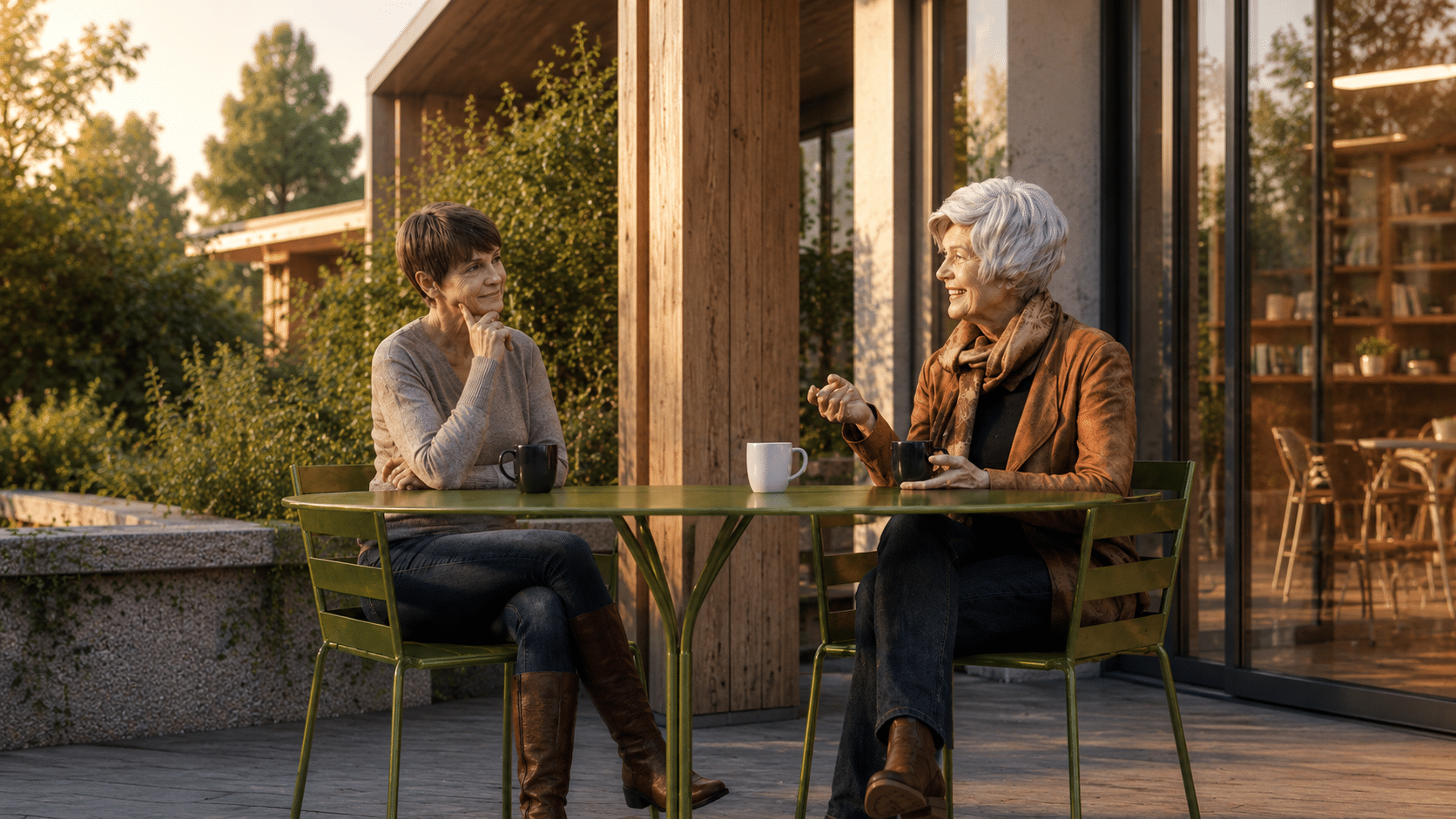 Deux résidentes seniors échangeant sur la terrasse d'une résidence services