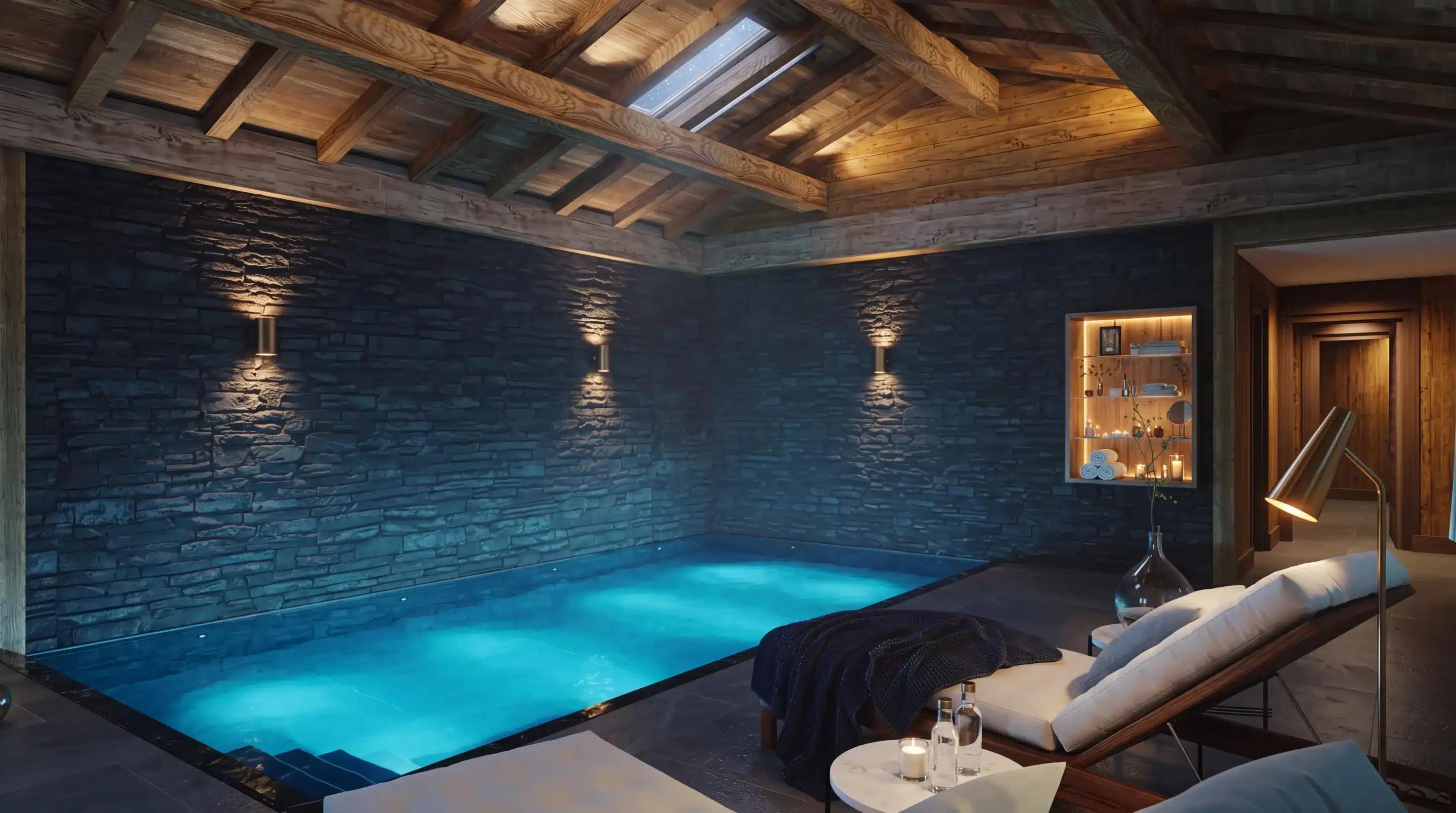 Perspective 3D d’un espace piscine et bien-être dans une résidence de montagne