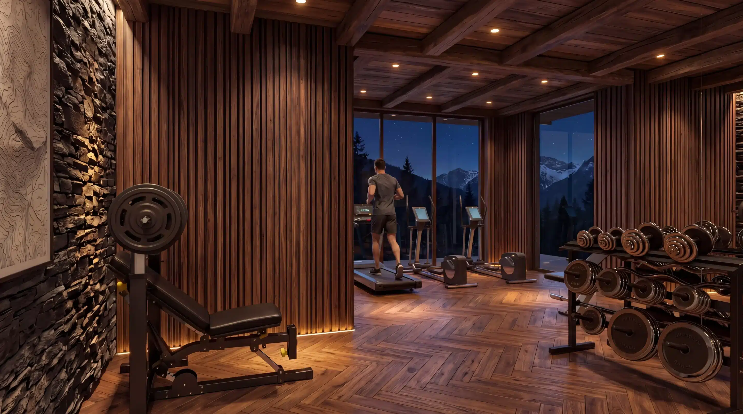 Perspective 3D d’une salle de sport dans une résidence de montagne haut de gamme