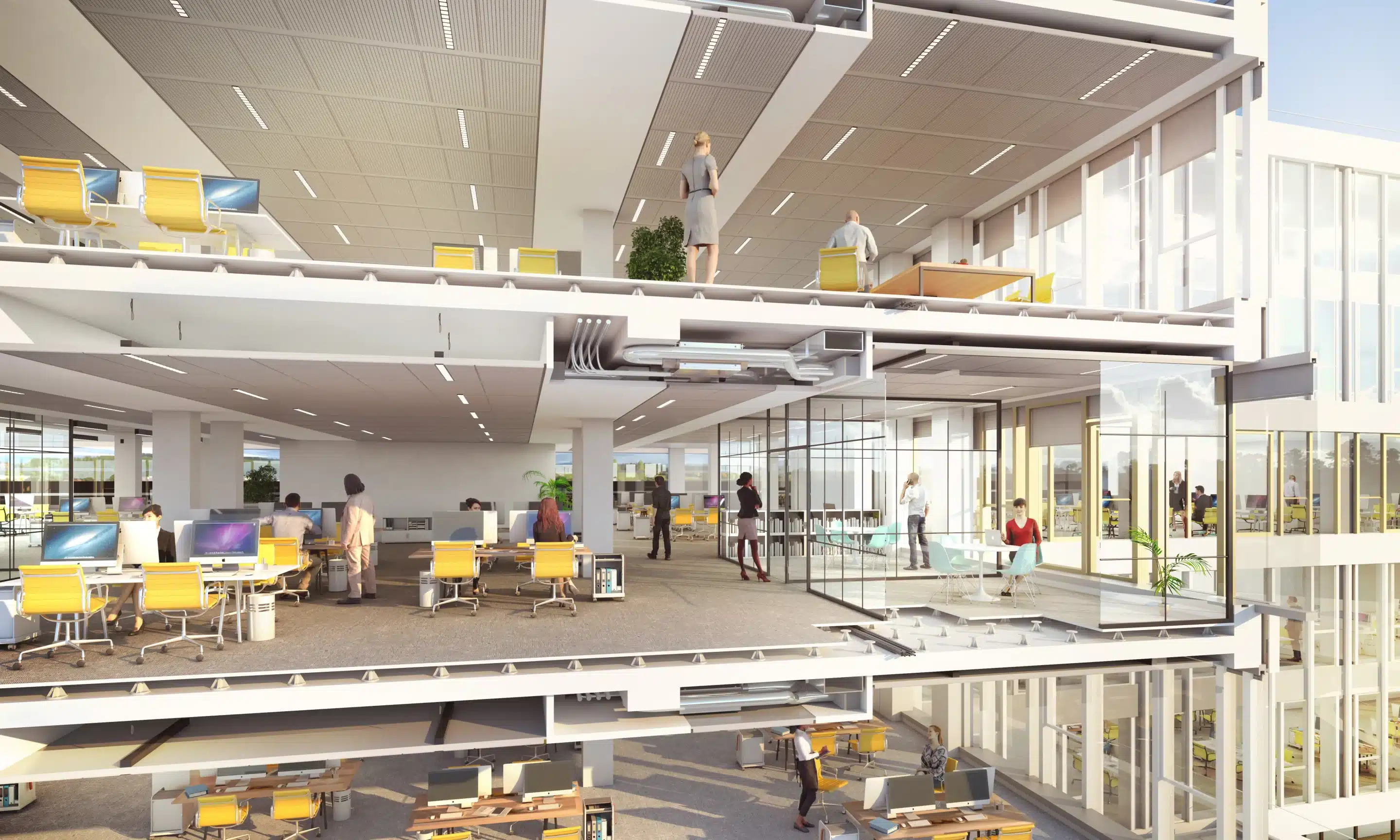 Coupe architecturale 3D d'un immeuble de bureaux montrant la distribution des niveaux et l'organisation des plateaux tertiaires