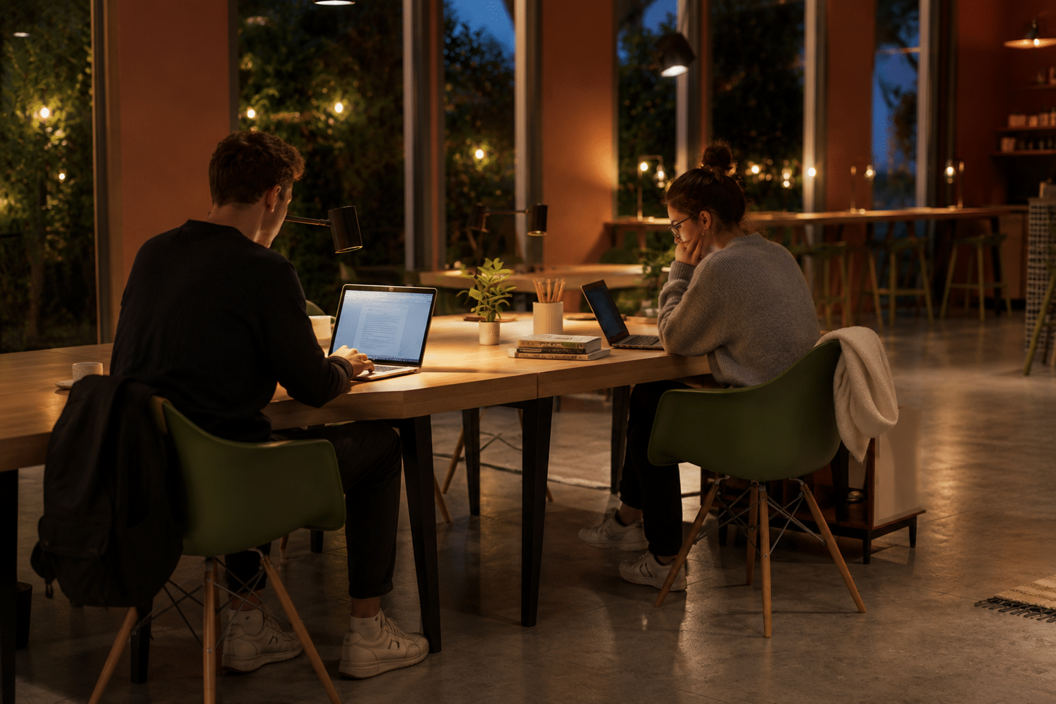Deux étudiants travaillant dans l'espace de coworking d'une résidence étudiante