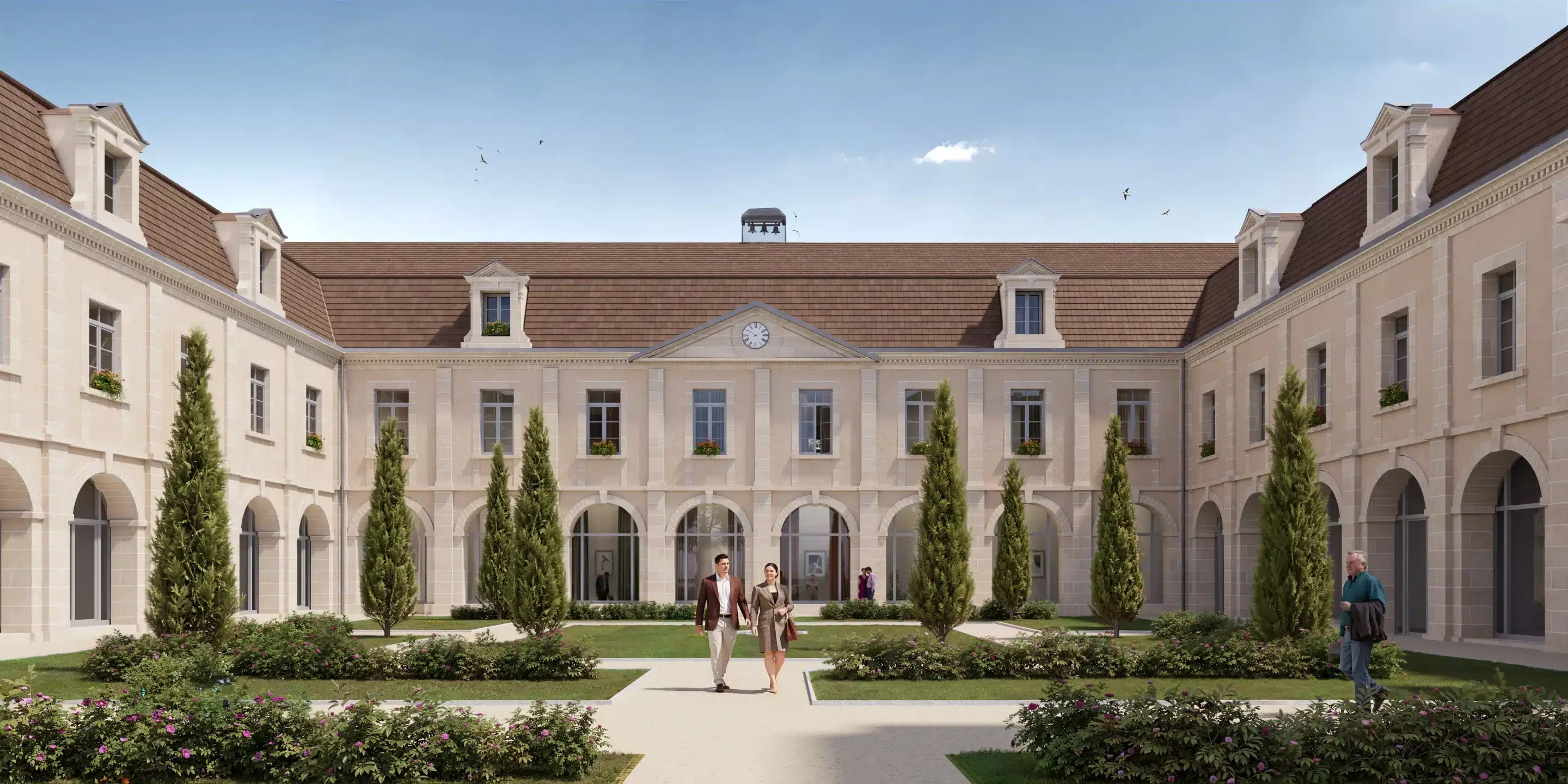 Perspective 3D d’un cloître réhabilité mettant en valeur le patrimoine et les futurs usages