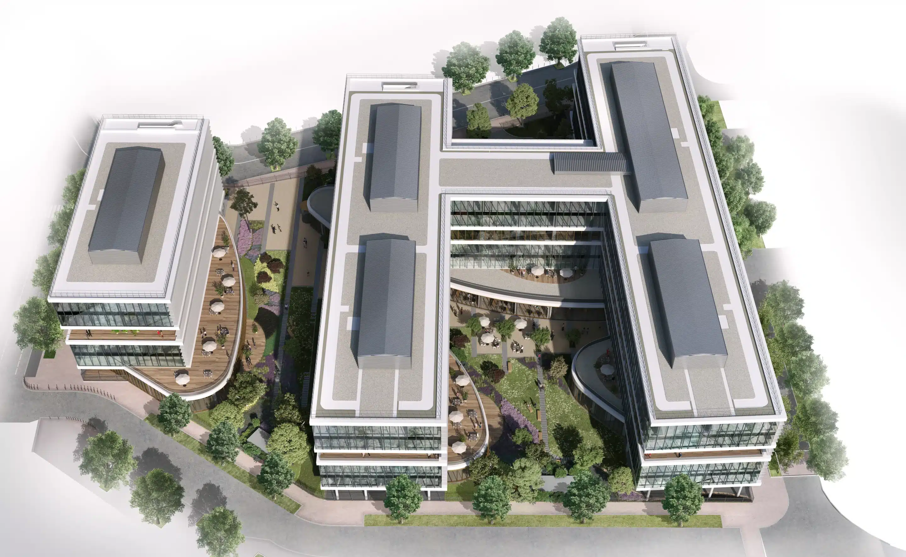Vue axonométrique 3D d'un campus de bureaux montrant les bâtiments, les accès et l'organisation du programme tertiaire