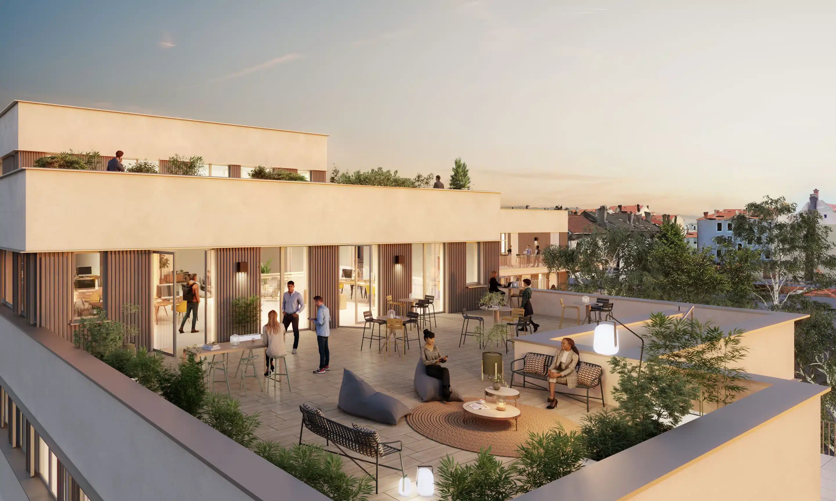 Perspective 3D d'une terrasse d'un immeuble tertiaire