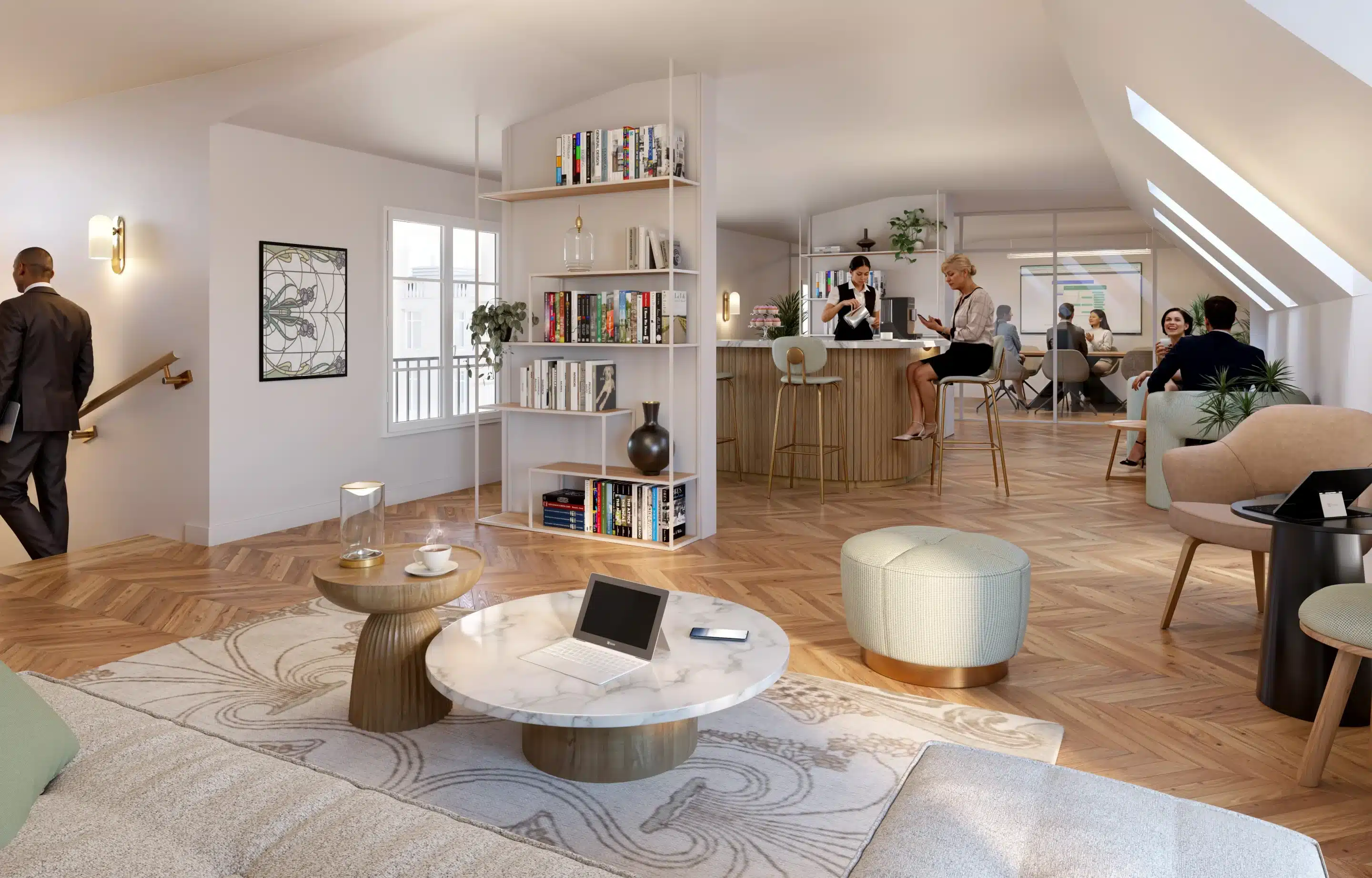 Perspective 3D d'un espace de coworking