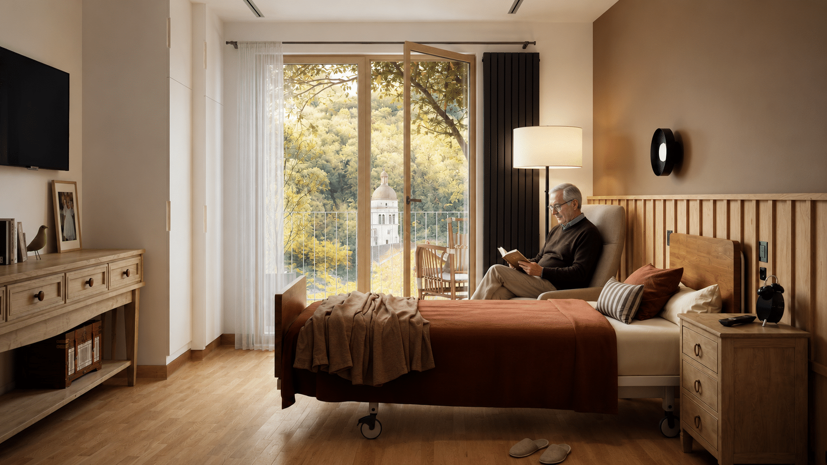 Une personnage âgée, dans une chambre de résidence senior