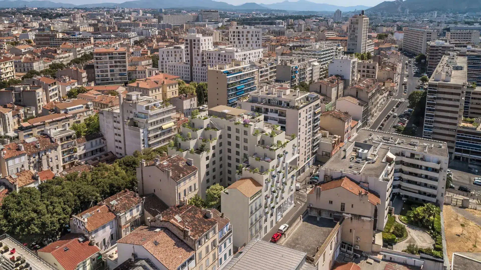 Perspective 3D aérienne d'une résidence étudiante réalisée pour OGIC